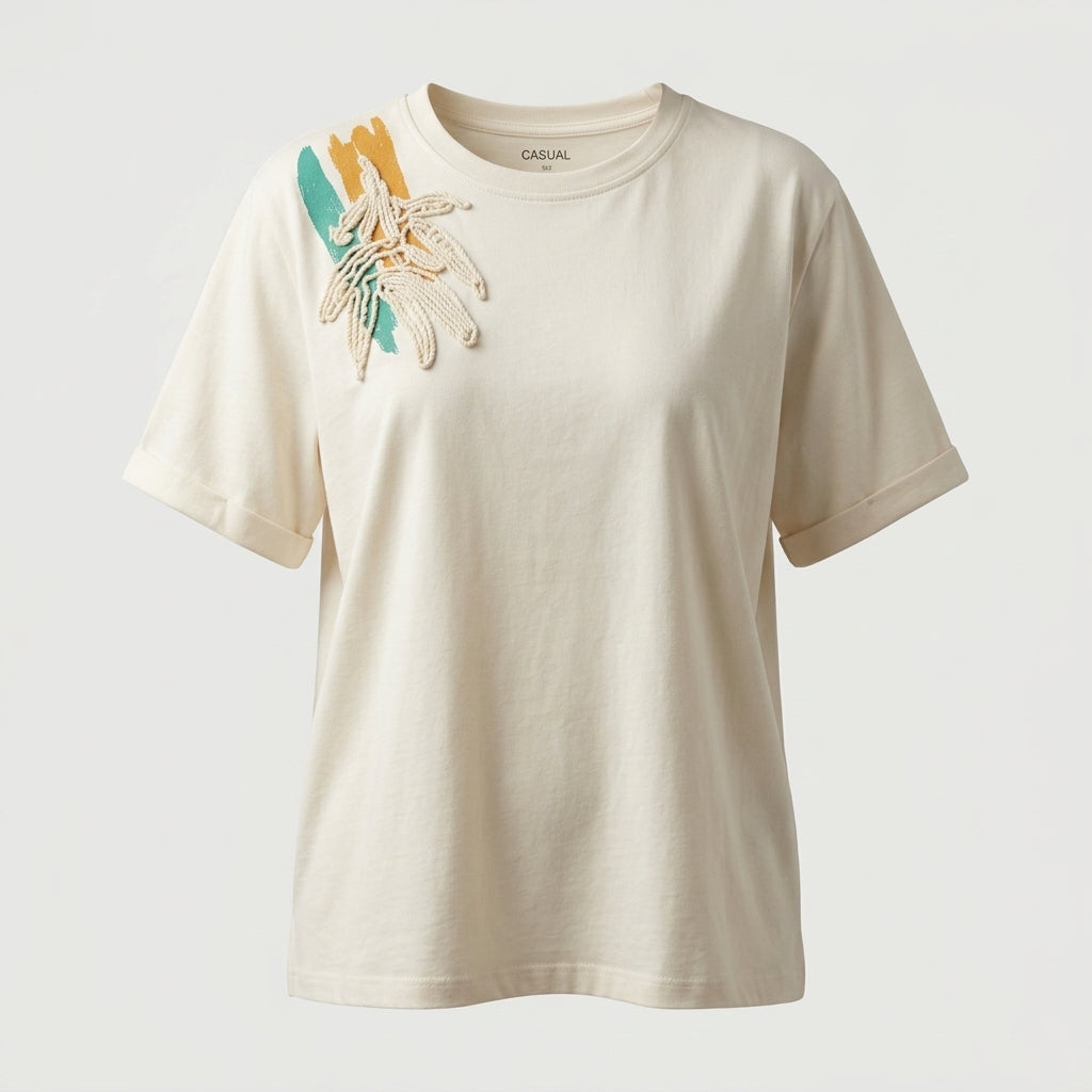 Casual Women Floral Applique Short Sleeve T Shirt