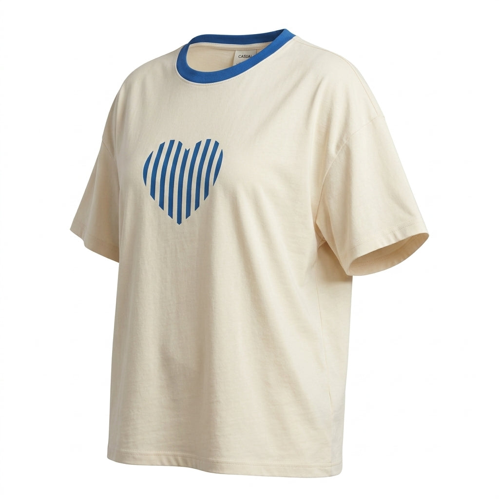 Casual Heart Print Contrast Trim Short Sleeve T Shirt