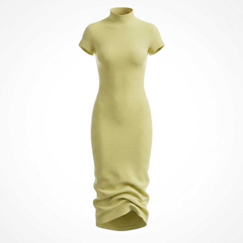Casual Ribbed Mock Neck Short Sleeve Maxi Dress