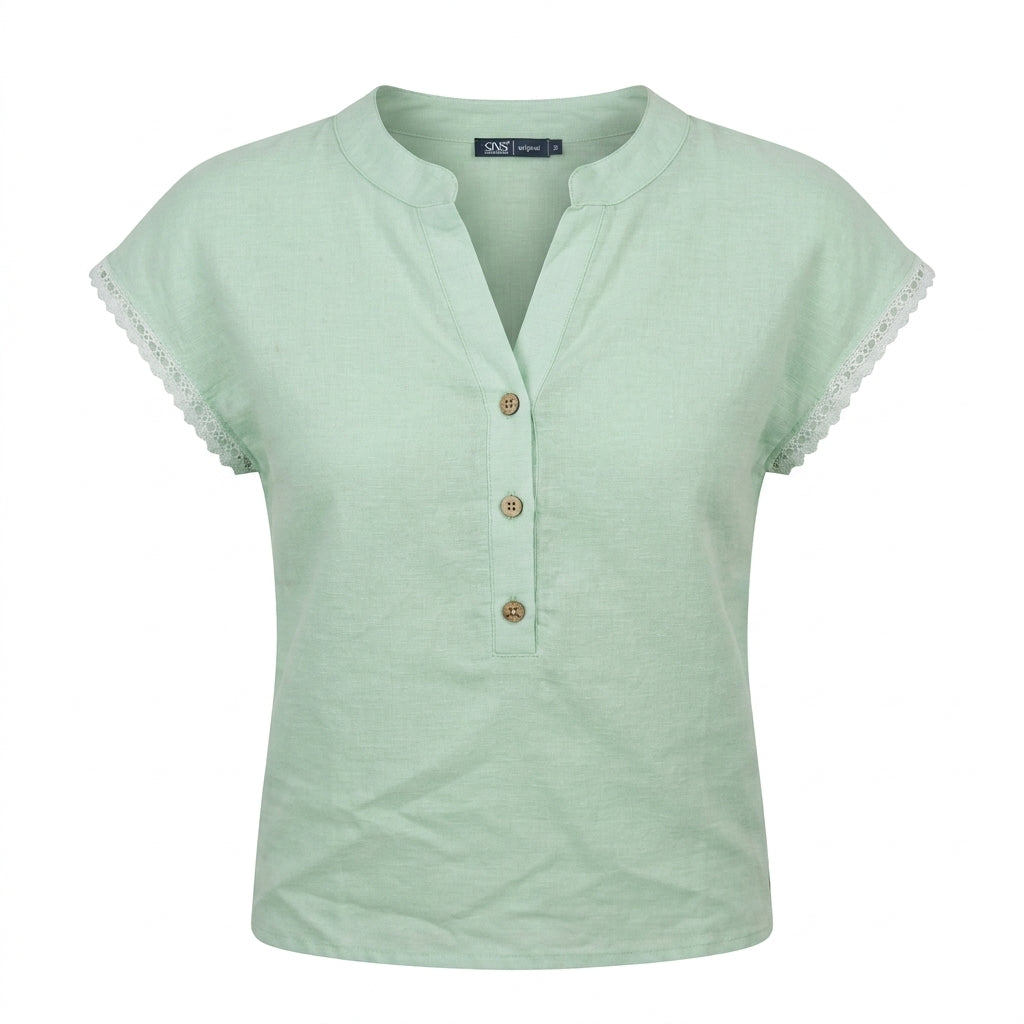 Casual Wear Women Lace Trim Henley Top