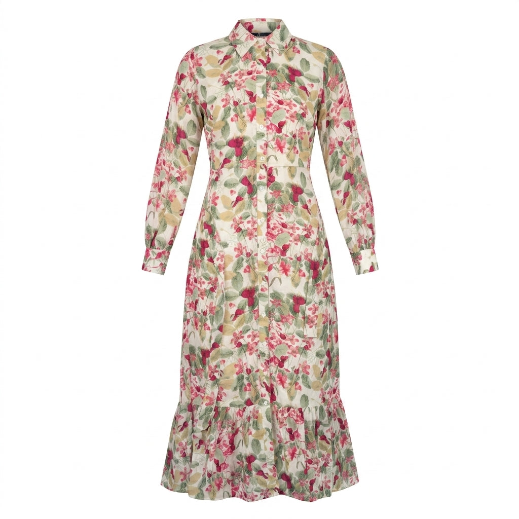 Casual Women Floral Button Down Maxi Shirt Dress With Ruffle Hem